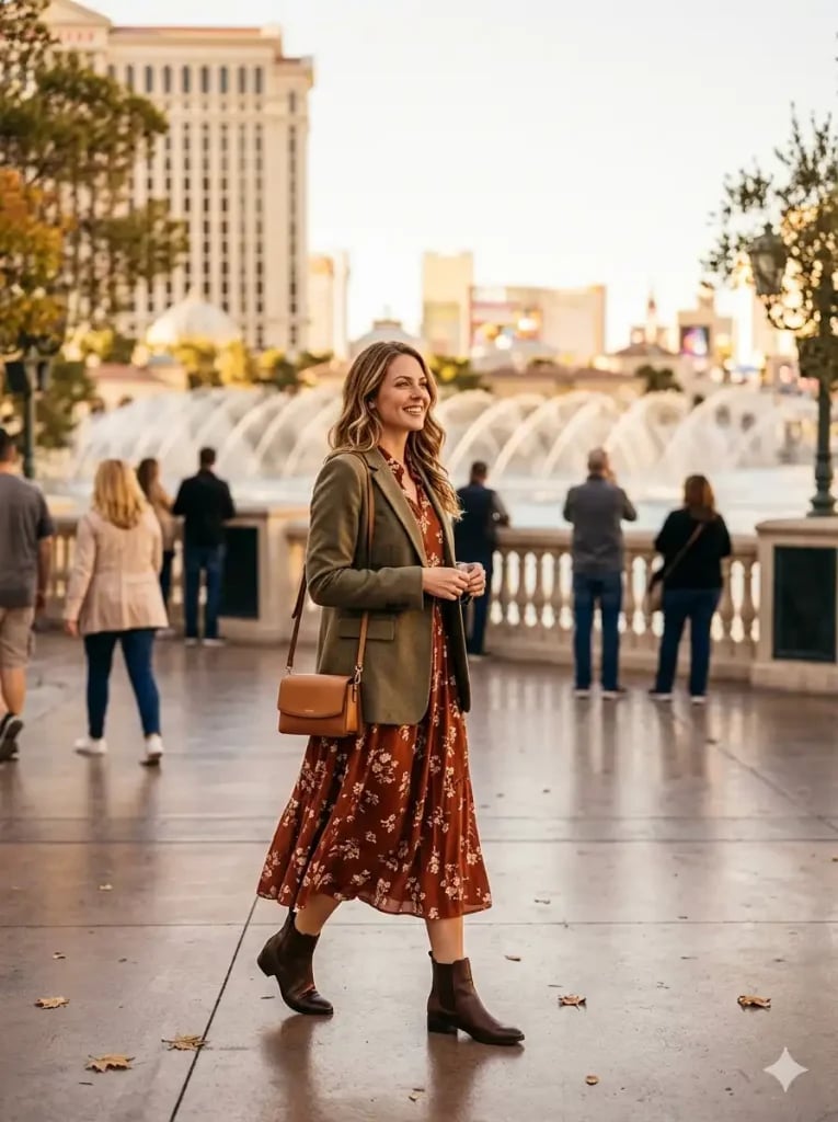 Olive Green Blazer Over Floral Midi Dress for Daytime — Casino Outfits
