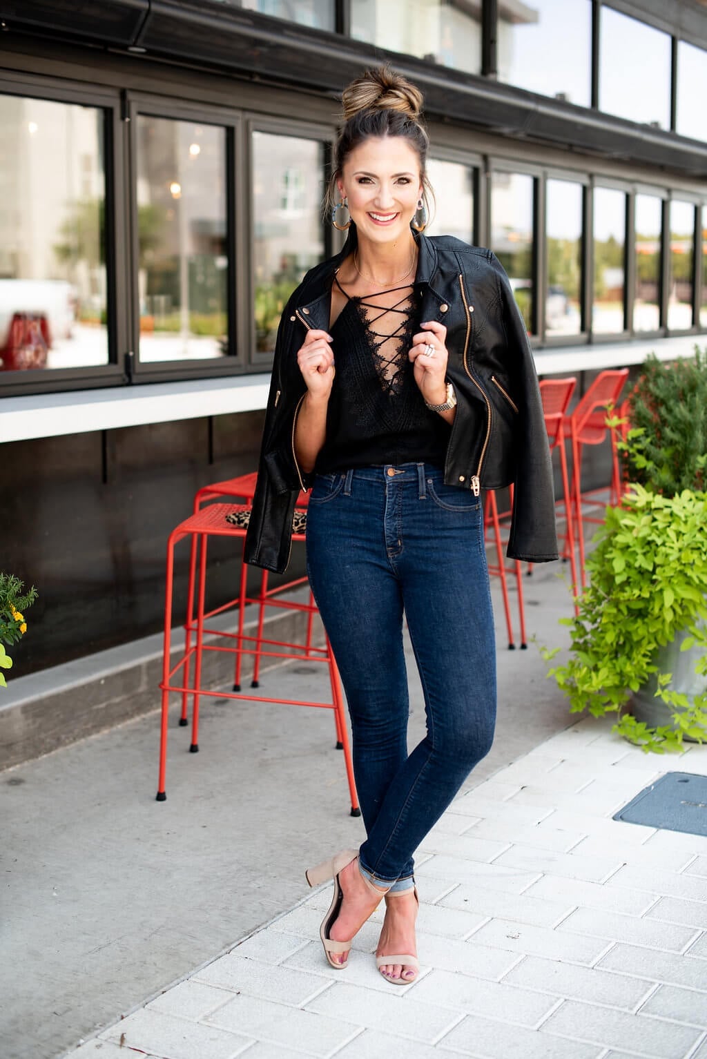 Lace Camisole with Leather Jacket and Nude Heels — Casual Date Night Outfit