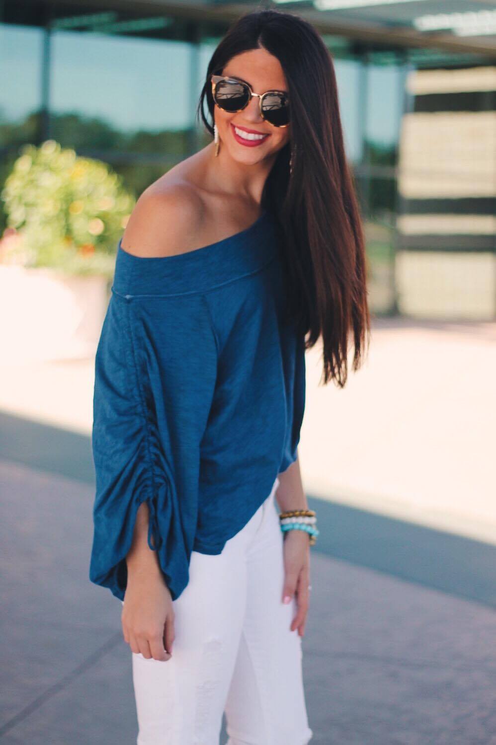 Teal Off-the-Shoulder Top with Ripped White Jeans — Casual Date Night Outfit