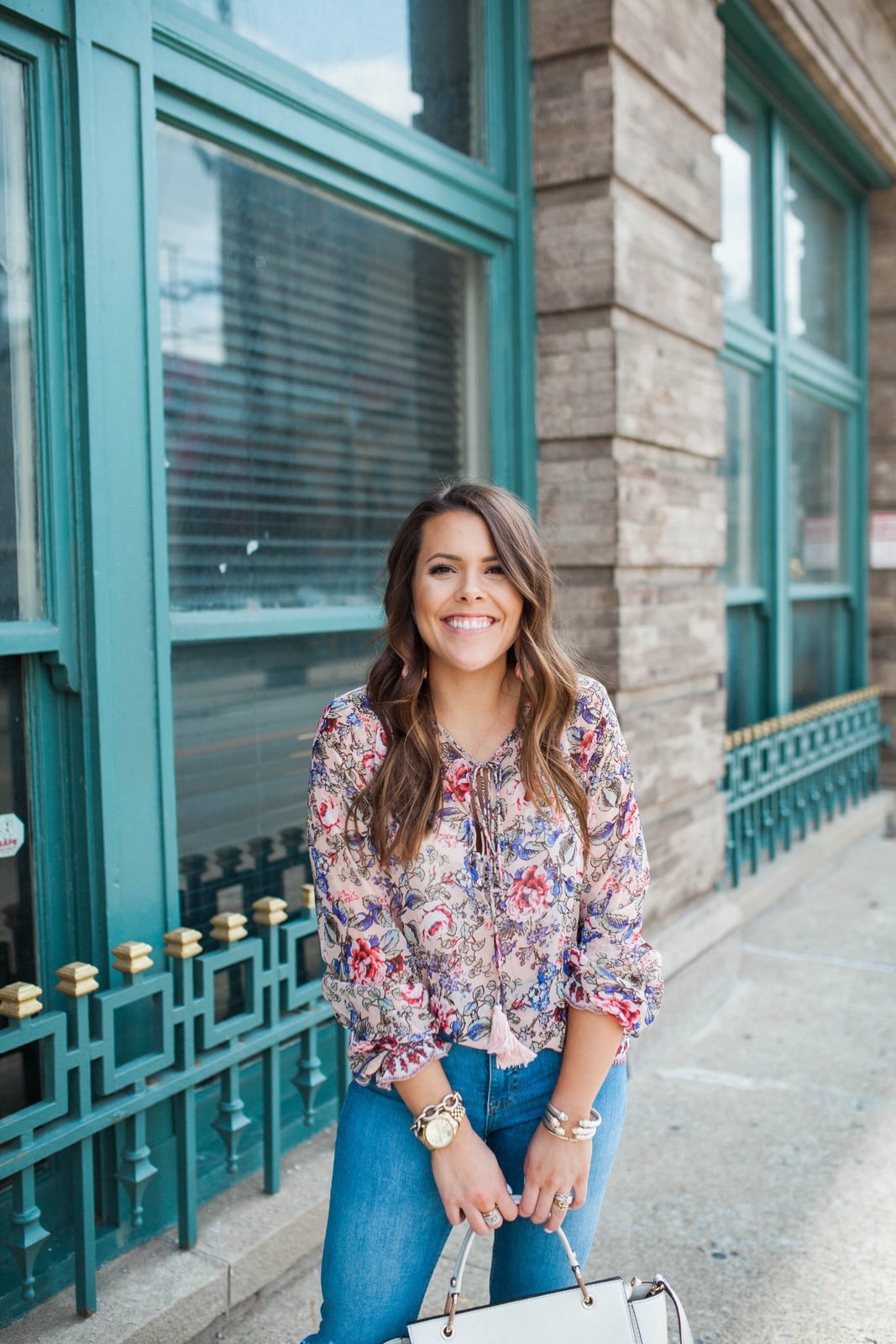 Floral Print Tie-Neck Blouse with Straight Jeans — Casual Date Night Outfit