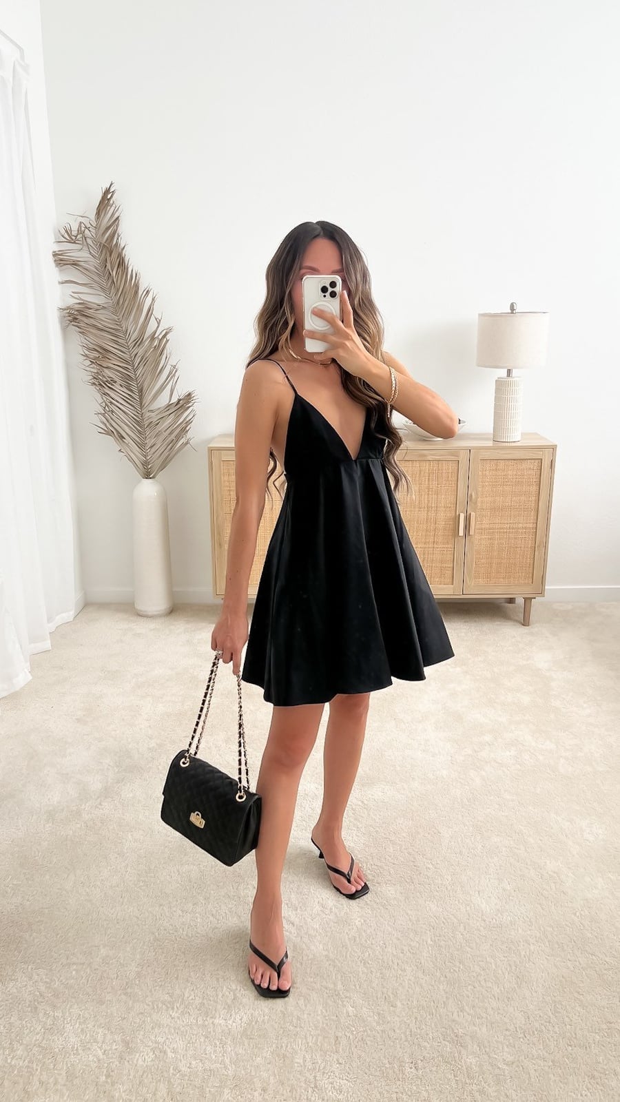 Black Mini Slip Dress with Plunging Neckline — Casual Date Night Outfit