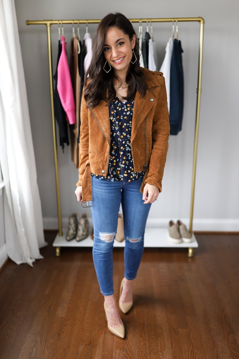 Suede Moto Jacket Over Floral Camisole — Casual Date Night Outfit
