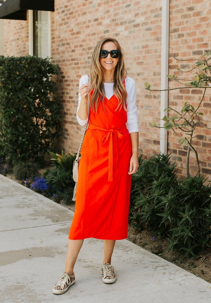 Orange Wrap Dress with White T-Shirt and Sneakers — Casual Date Night Outfit