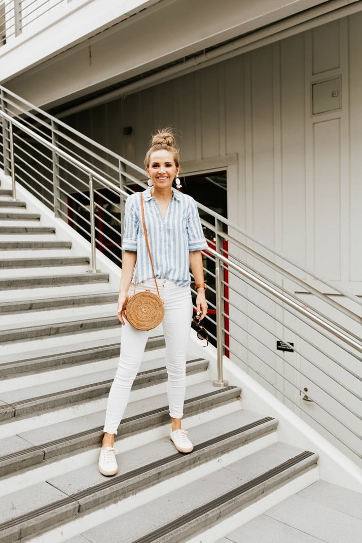 Striped Shirt with Distressed White Jeans and Sneakers — Casual Date Night Outfit