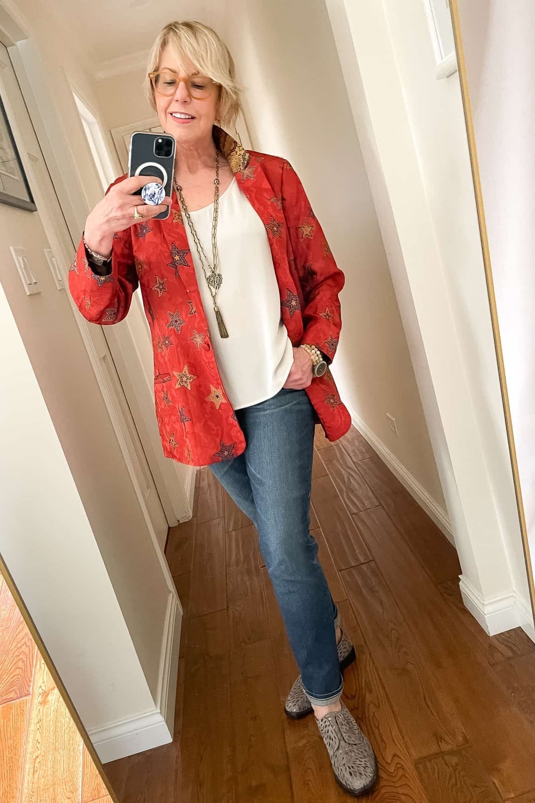 Red Star Pattern Blazer with Jeans and Loafers — Casual Date Night Outfit