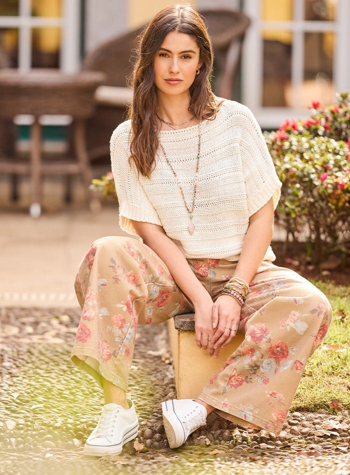 Textured Sweater with Floral Wide-Leg Pants — Casual Date Night Outfit