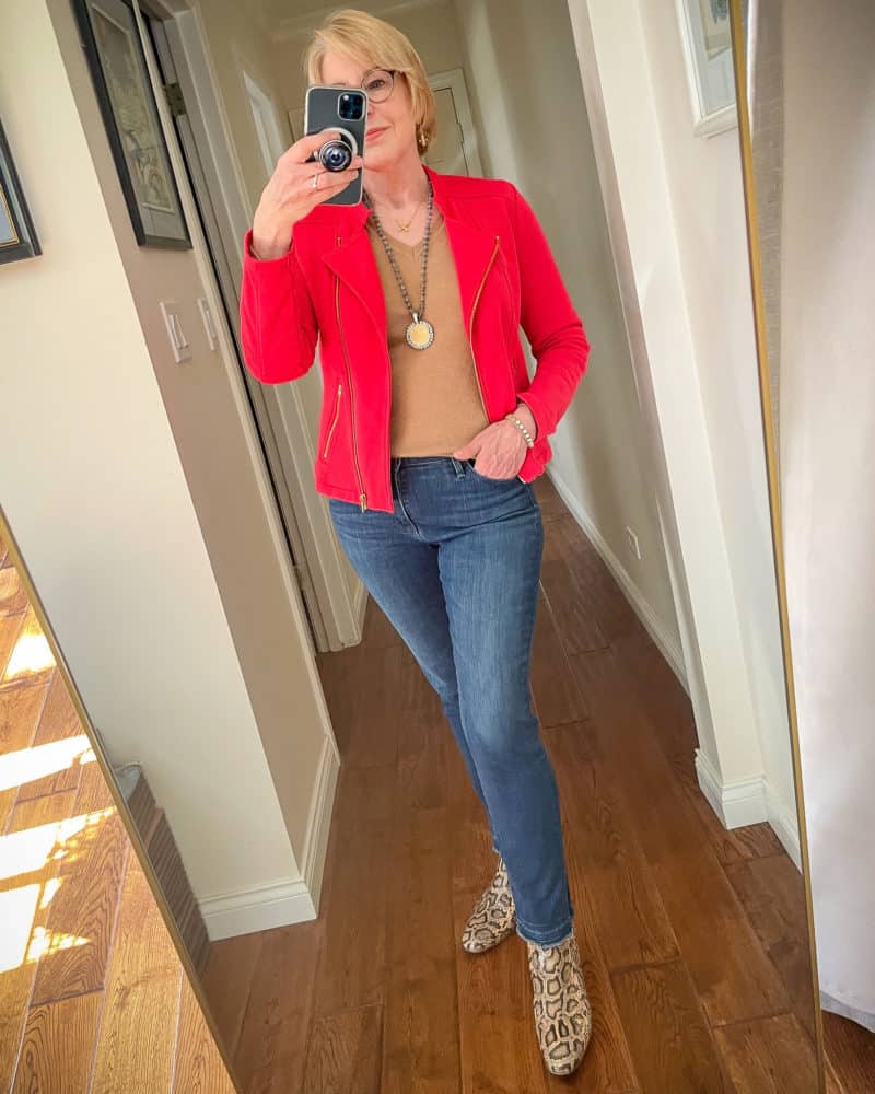 Red Moto Jacket with Tan Sweater and Slim Jeans — Casual Date Night Outfit