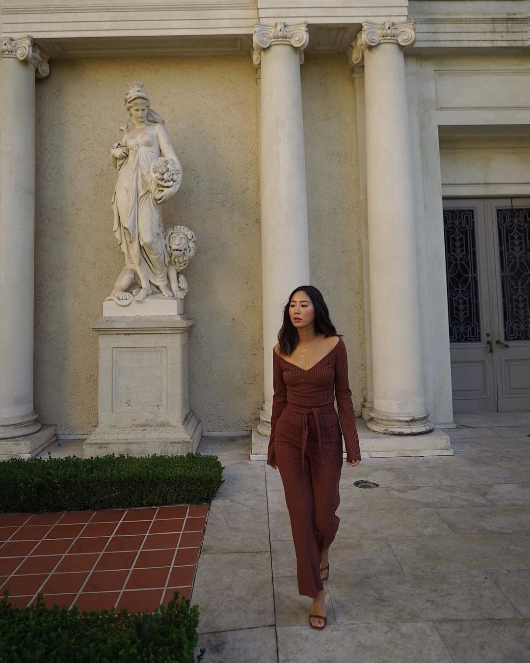 Brown Ribbed Knit Set for Relaxed Evening — Casual Date Night Outfit