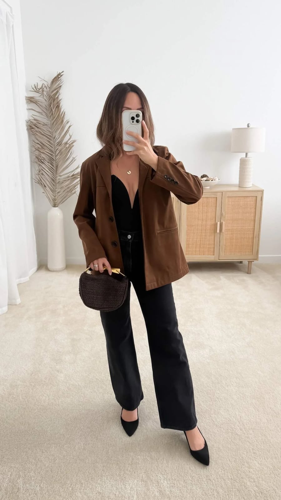 Black Bodysuit and Brown Blazer Combination — Casual Date Night Outfit