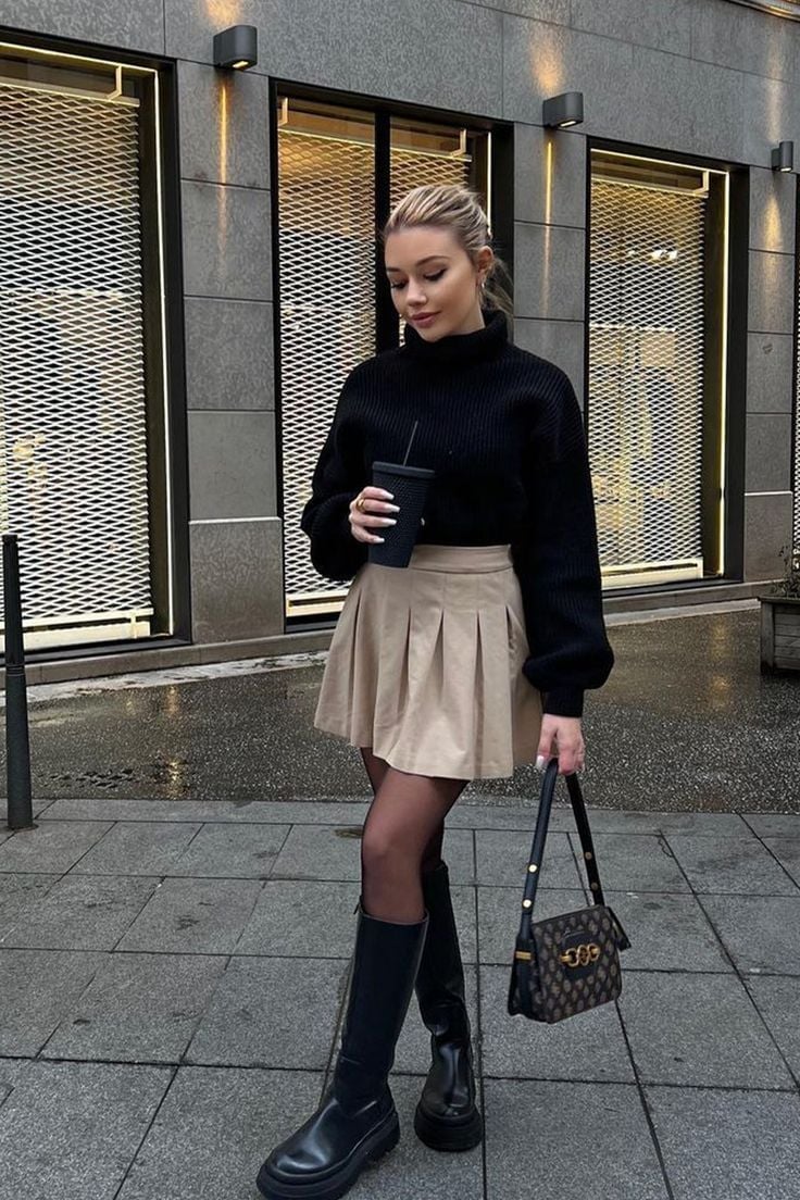 Oversized Turtleneck with Mini Skirt and Tights — Casual Date Night Outfit