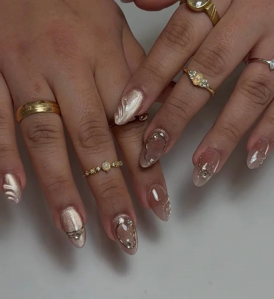 Light Champagne Beige Shimmer Almond Nails — Champagne Nails