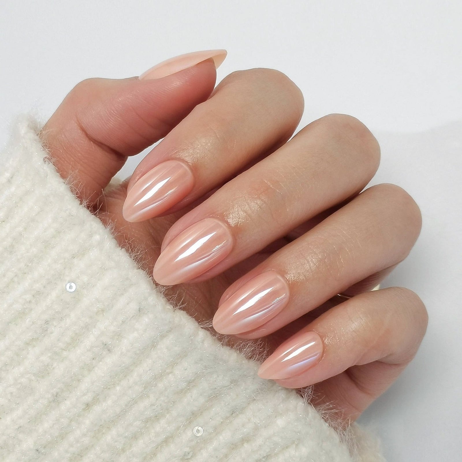 Pale Peach Pearlescent Short Almond Nails — Champagne Nails