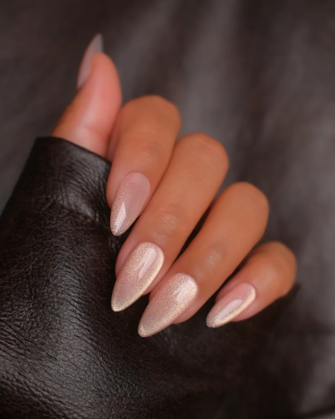 Sheer Nude Gold Glitter Pointed Nails — Champagne Nails