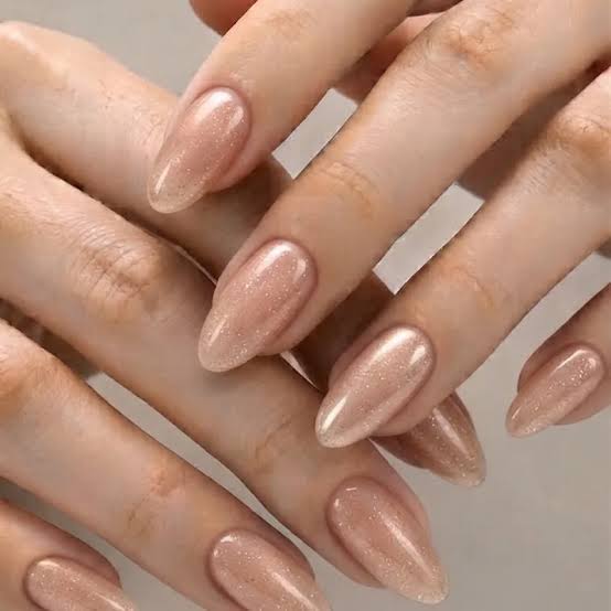 Nude Peach Ombre Gold Shimmer Almond Nails — Champagne Nails