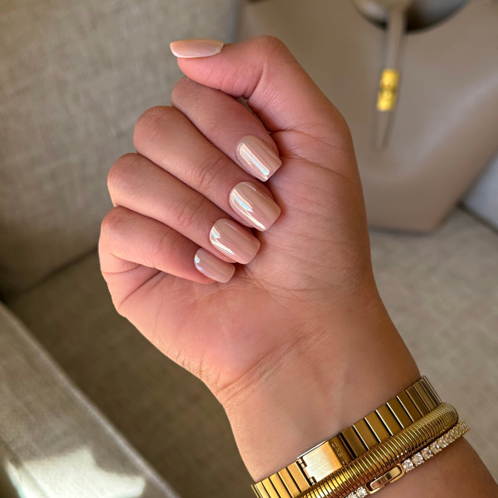 Pale Nude Iridescent Pearl Squoval Nails — Champagne Nails