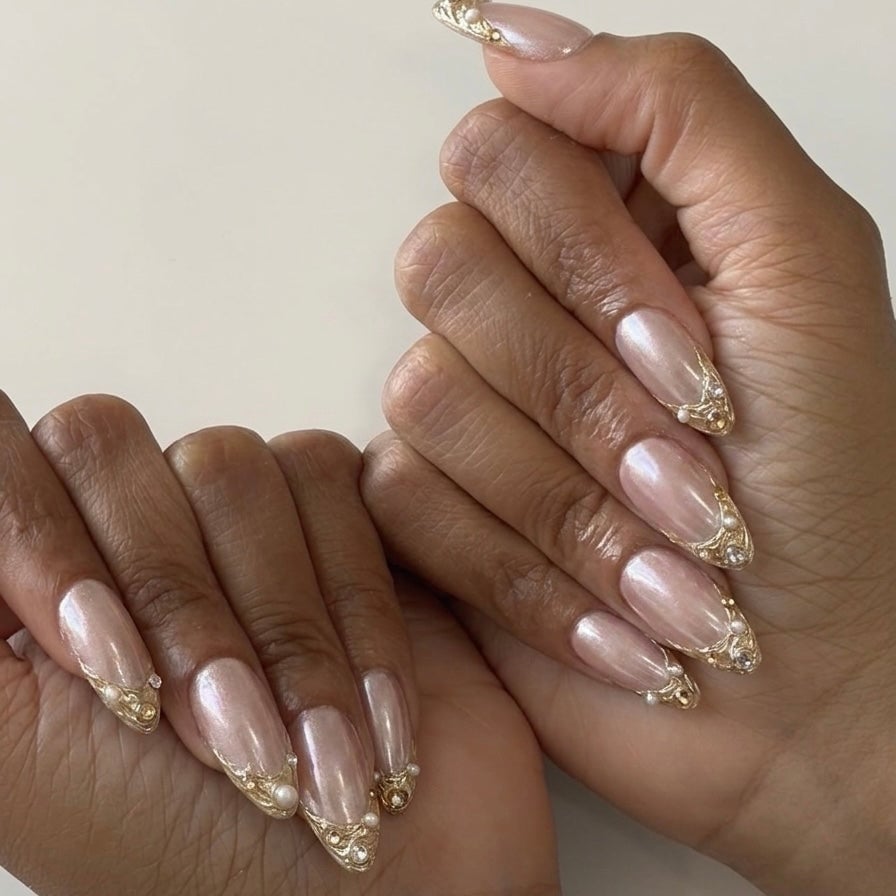 Ornate Gold Foil Champagne Stiletto Nails — Champagne Nails