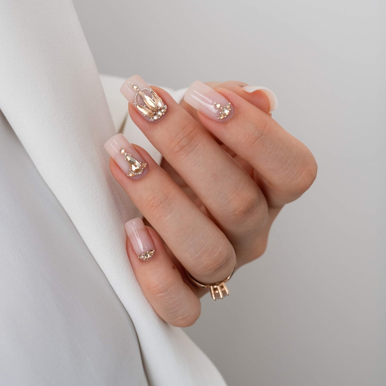 Sheer Pink Square Nails with Gold Gem — Champagne Nails