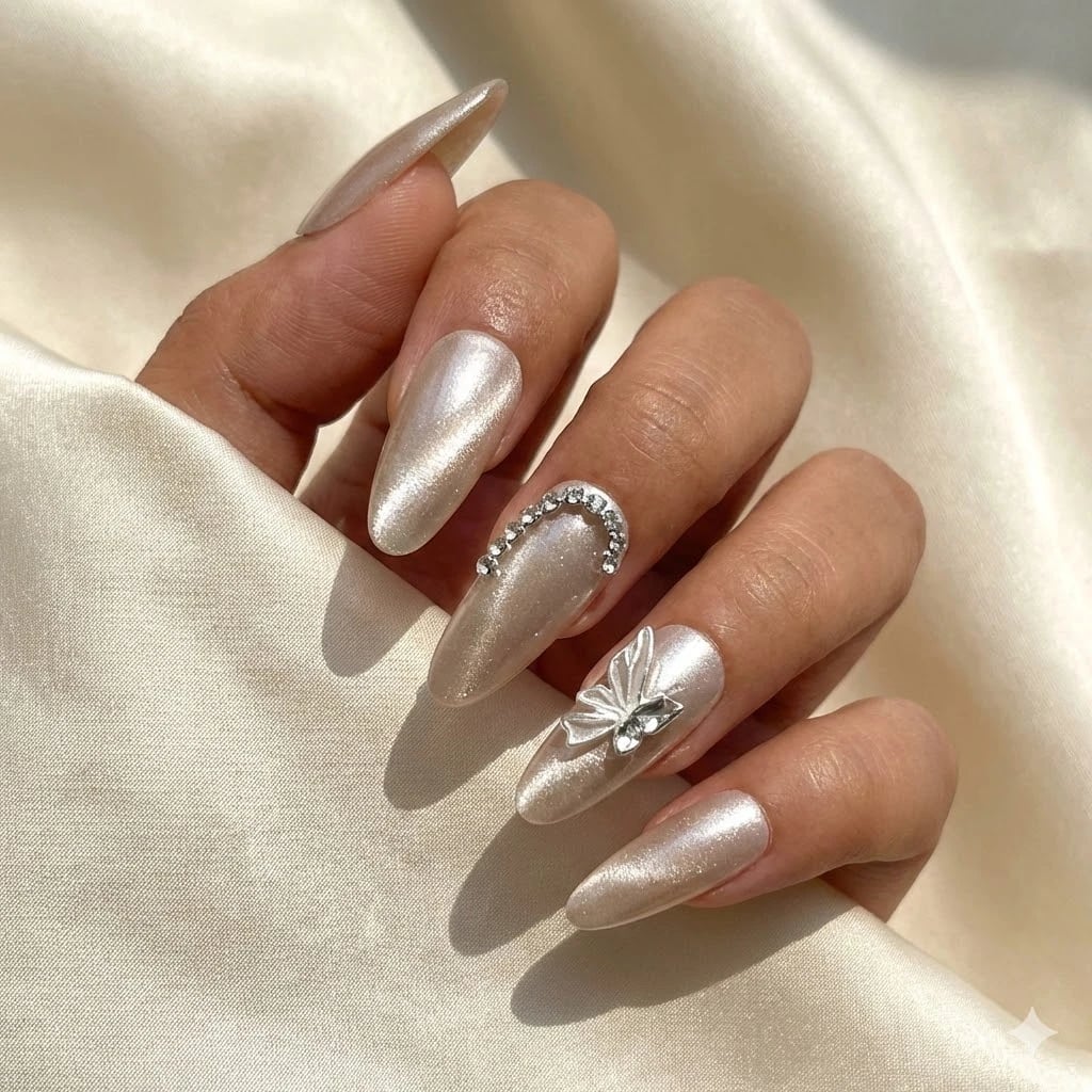Champagne Cat-Eye Stiletto Nails with Rhinestones — Champagne Nails