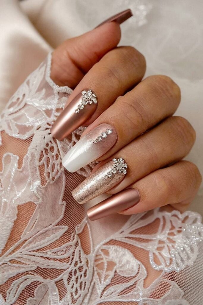 Ombre Coffin Nails with Rhinestones and Glitter, коффин — Champagne Nails