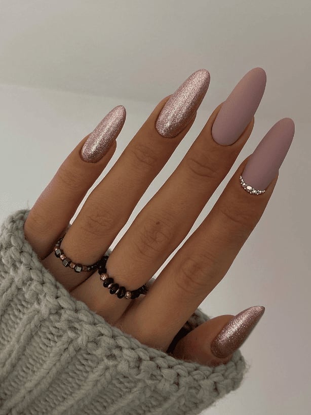 Matte Dusty Rose and Champagne Glitter Almond Nails — Champagne Nails