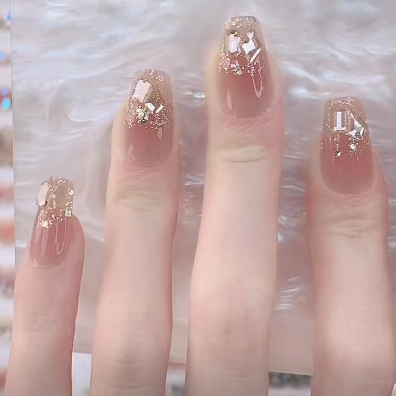 Champagne Glitter Short Square Nails with Rhinestones — Champagne Nails