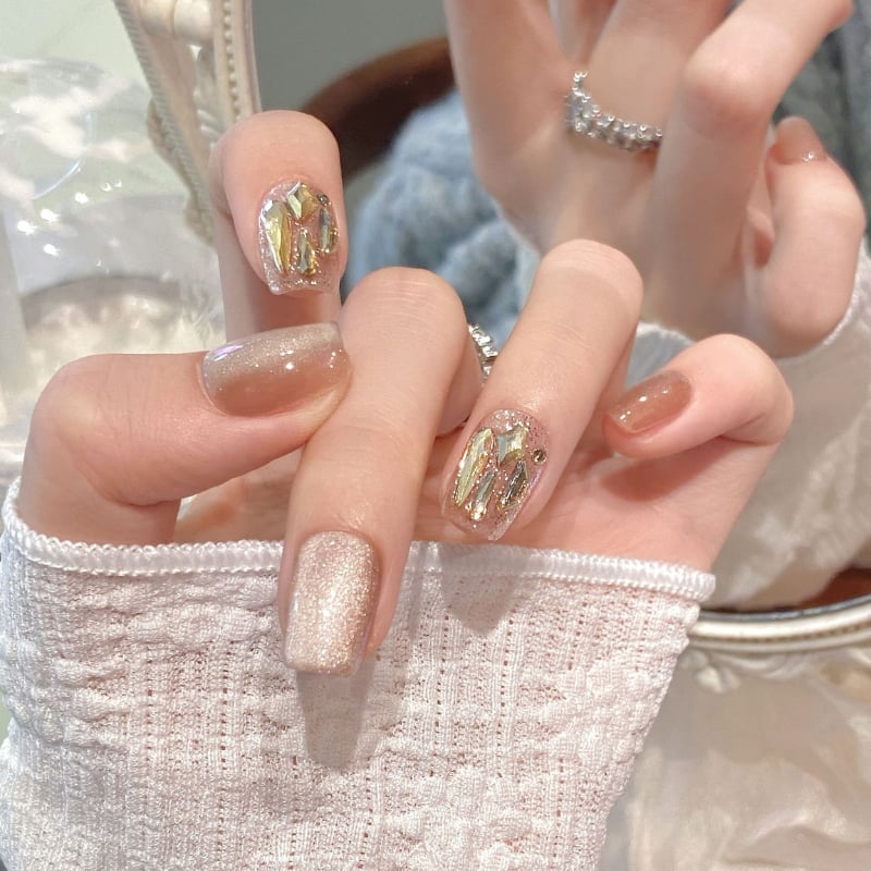Nude Champagne Shimmer Short Square Nails — Champagne Nails