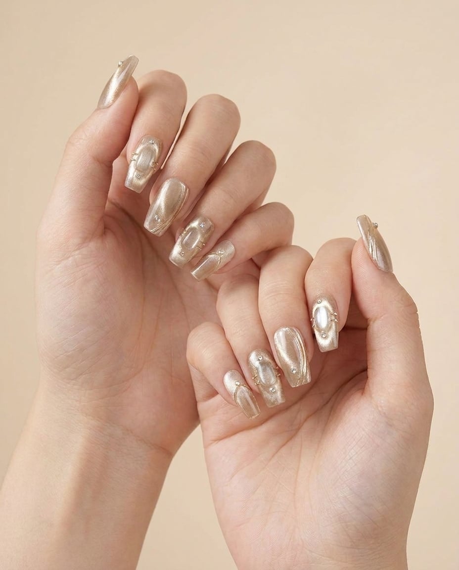 Champagne Gold Cat Eye Coffin Nails — Champagne Nails