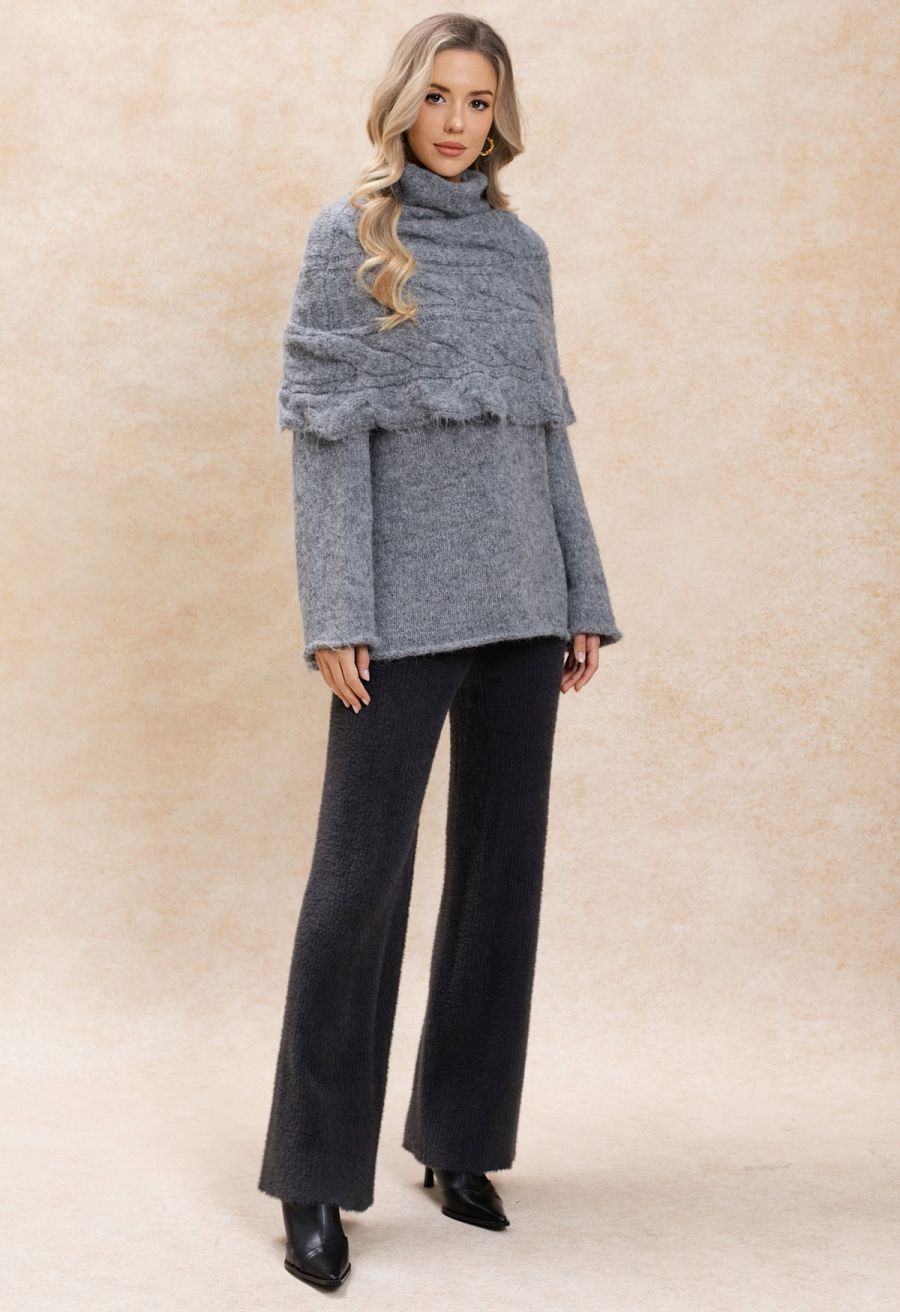 Gray Sweater with Cable Knit Cape and Trousers — Chic Grey Sweater Outfit