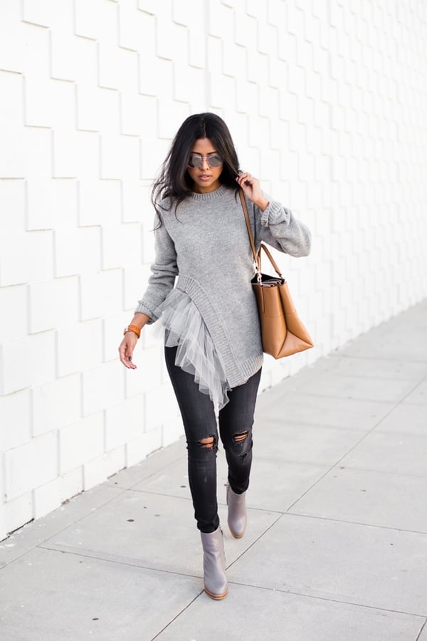 Gray Sweater with Tulle Hem and Skinny Jeans — Chic Grey Sweater Outfit