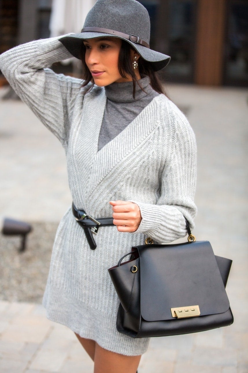 Gray Turtleneck with Oversized Cardigan and Belt — Chic Grey Sweater Outfit
