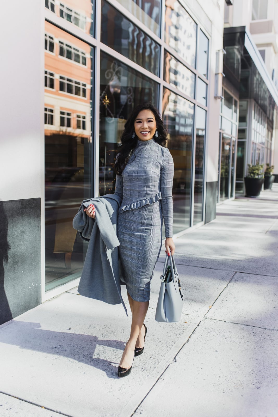 Gray Checked Midi Dress with Coat — Chic Grey Sweater Outfit