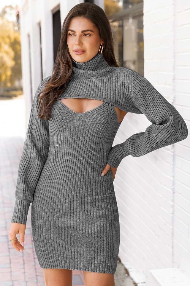 Gray Sweater Dress Set with Shrug — Chic Grey Sweater Outfit