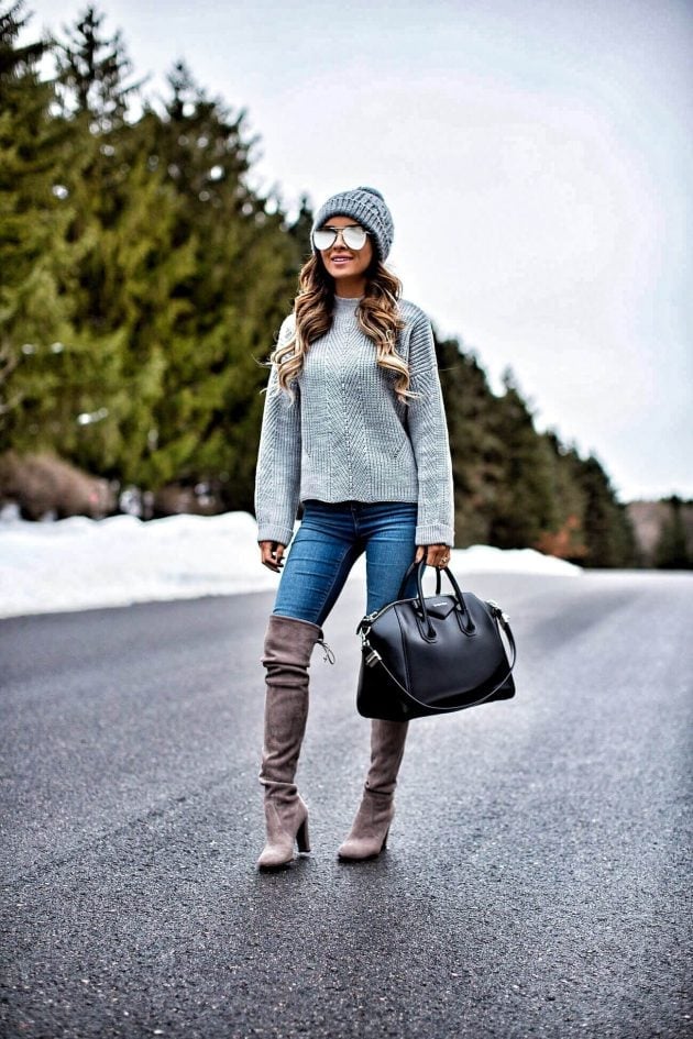Gray Ribbed Sweater with Over-the-Knee Boots — Chic Grey Sweater Outfit