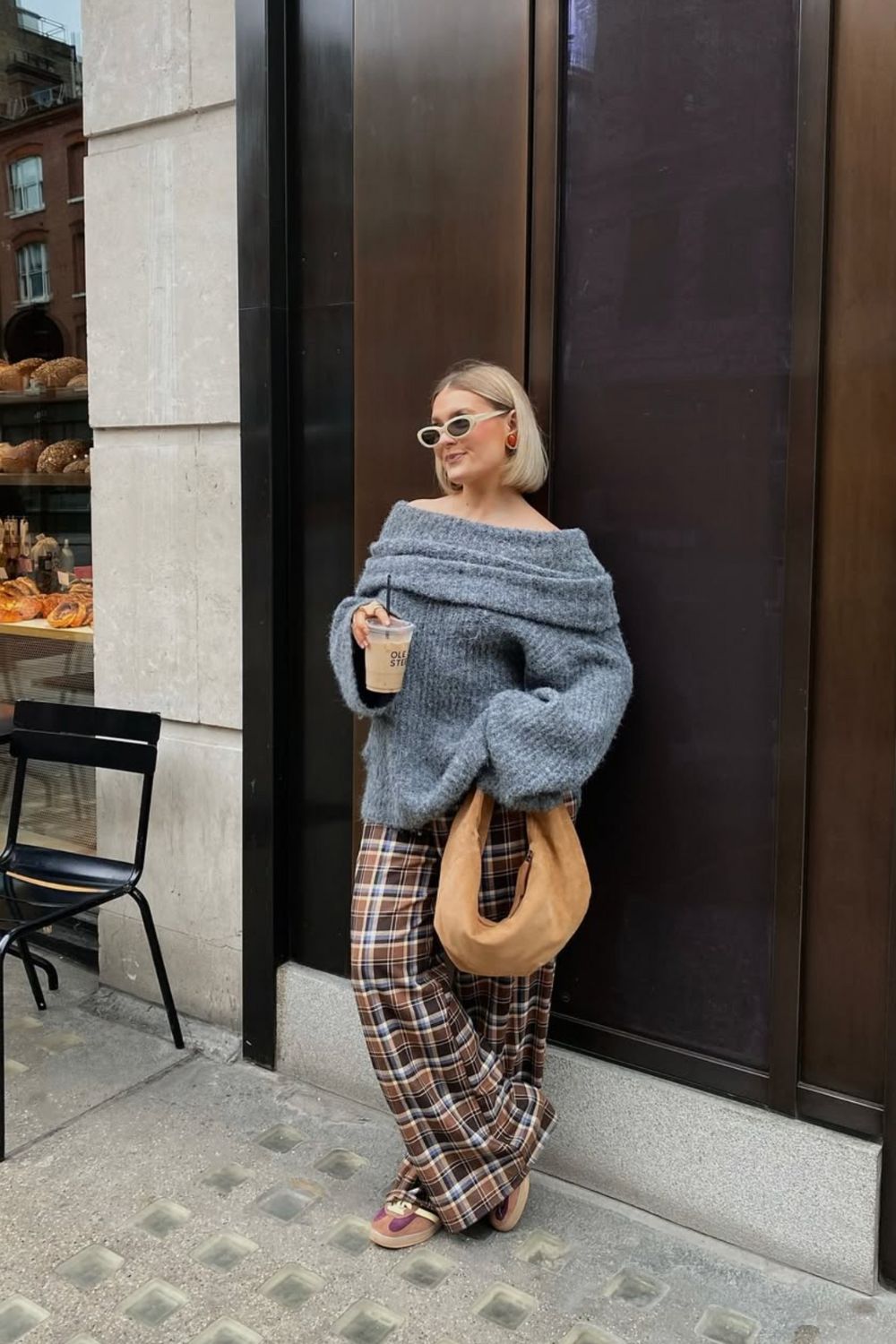 Off-Shoulder Gray Sweater with Plaid Pants — Chic Grey Sweater Outfit