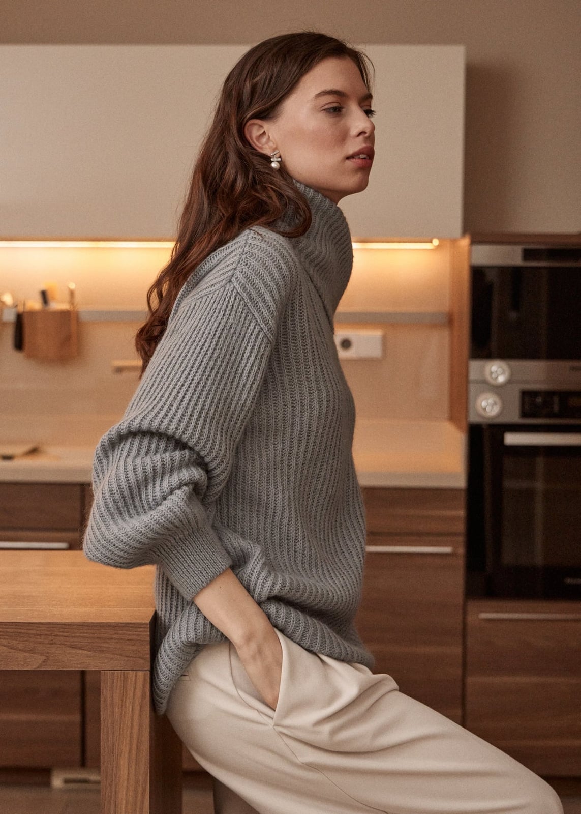 Ribbed Gray Funnel Neck Sweater with Cream Pants — Chic Grey Sweater Outfit