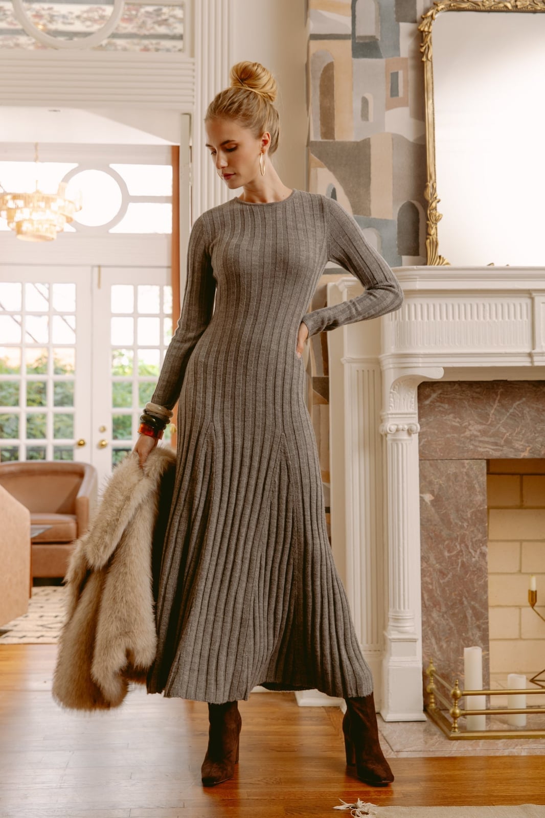 Ribbed Gray Knit Midi Dress with Boots — Chic Grey Sweater Outfit