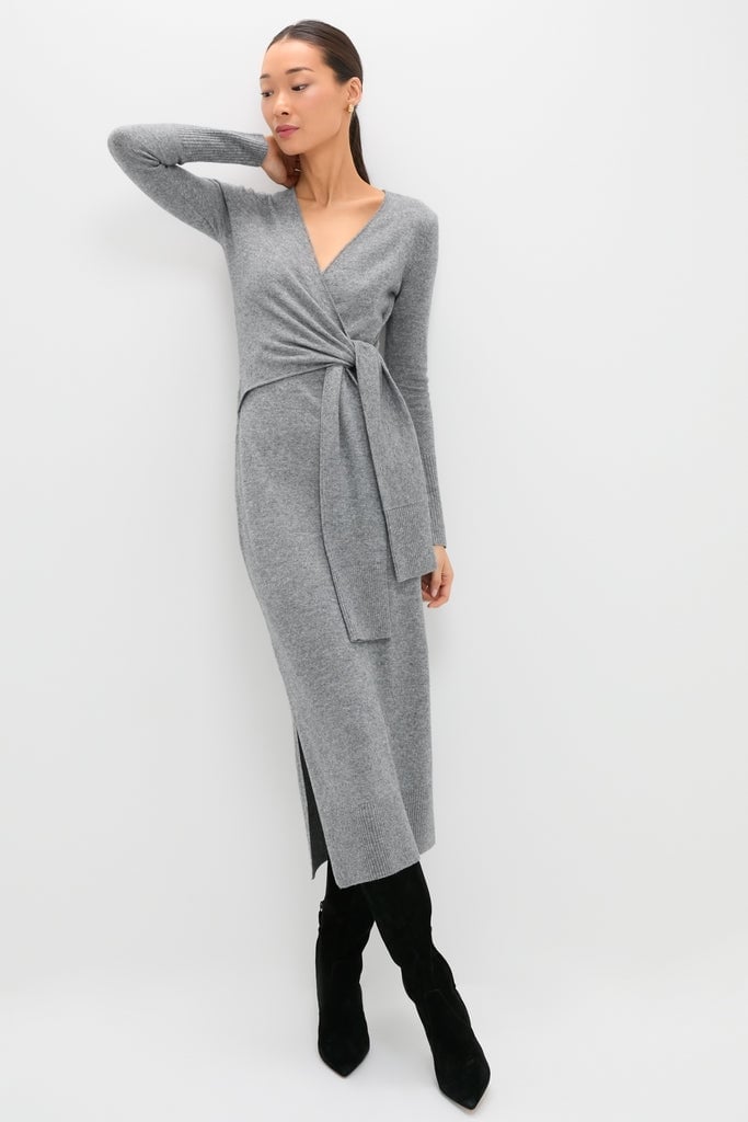 Fine Knit Gray Wrap Dress with Side Slit — Chic Grey Sweater Outfit