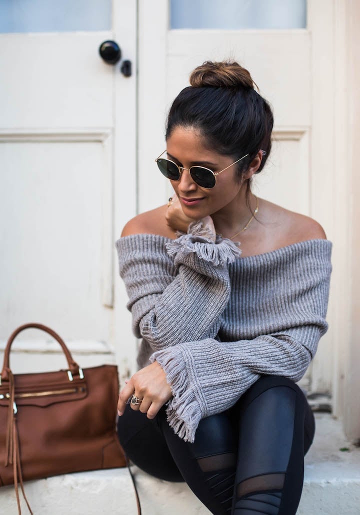 Off-Shoulder Gray Sweater with Fringe Detail — Chic Grey Sweater Outfit