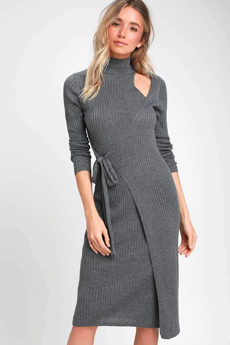 Gray Ribbed Wrap Sweater Dress — Chic Grey Sweater Outfit