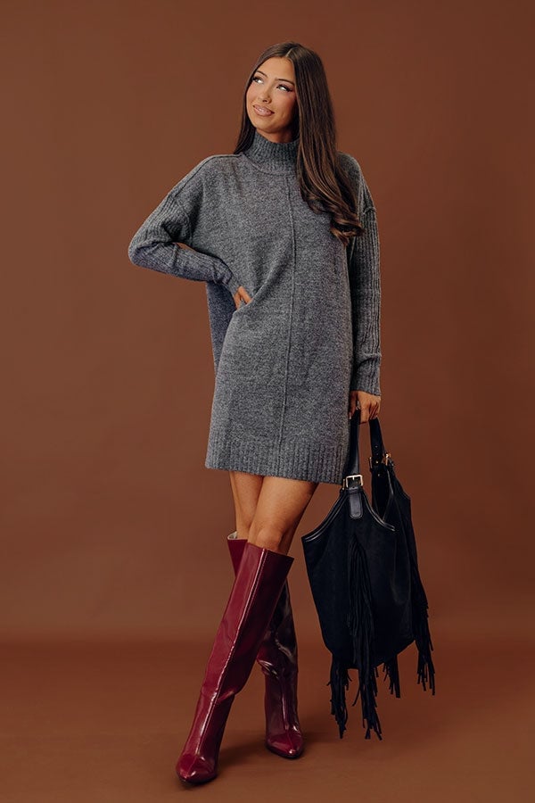 Charcoal Gray Sweater Dress with Knee-High Boots — Chic Grey Sweater Outfit
