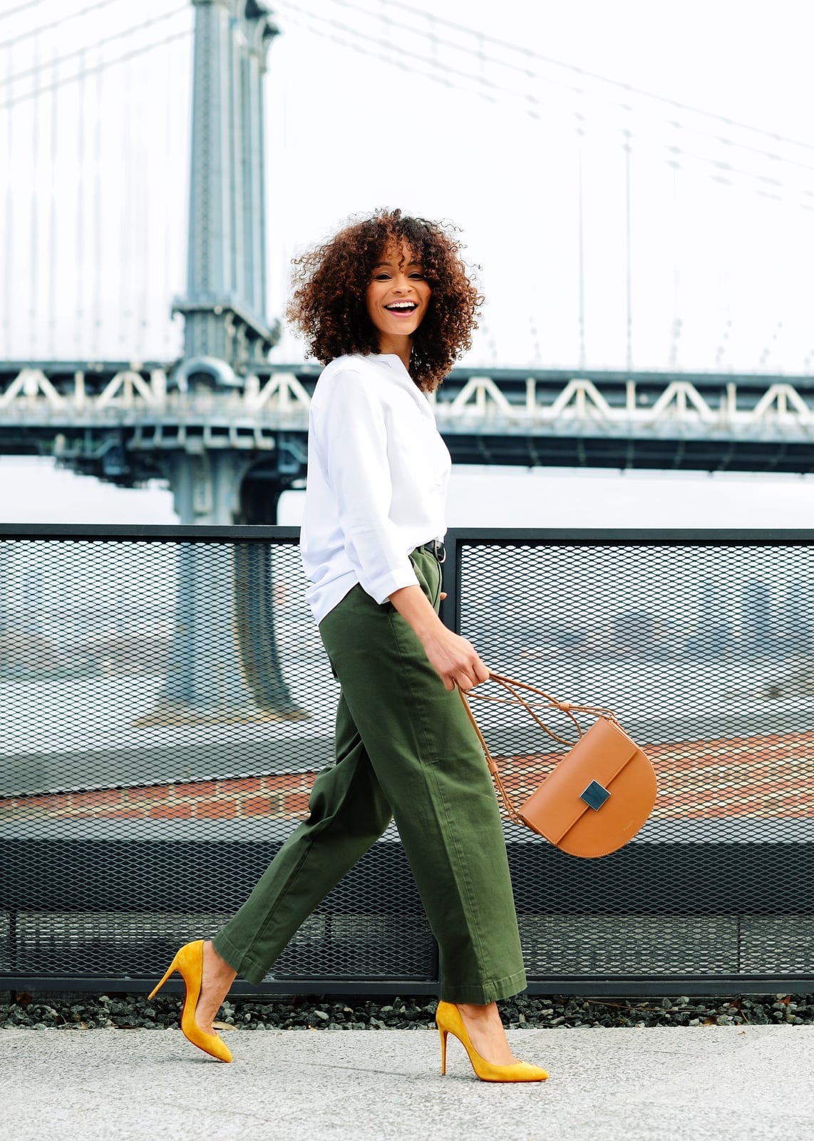 White Shirt Olive Pants Yellow Heels — Chic Style