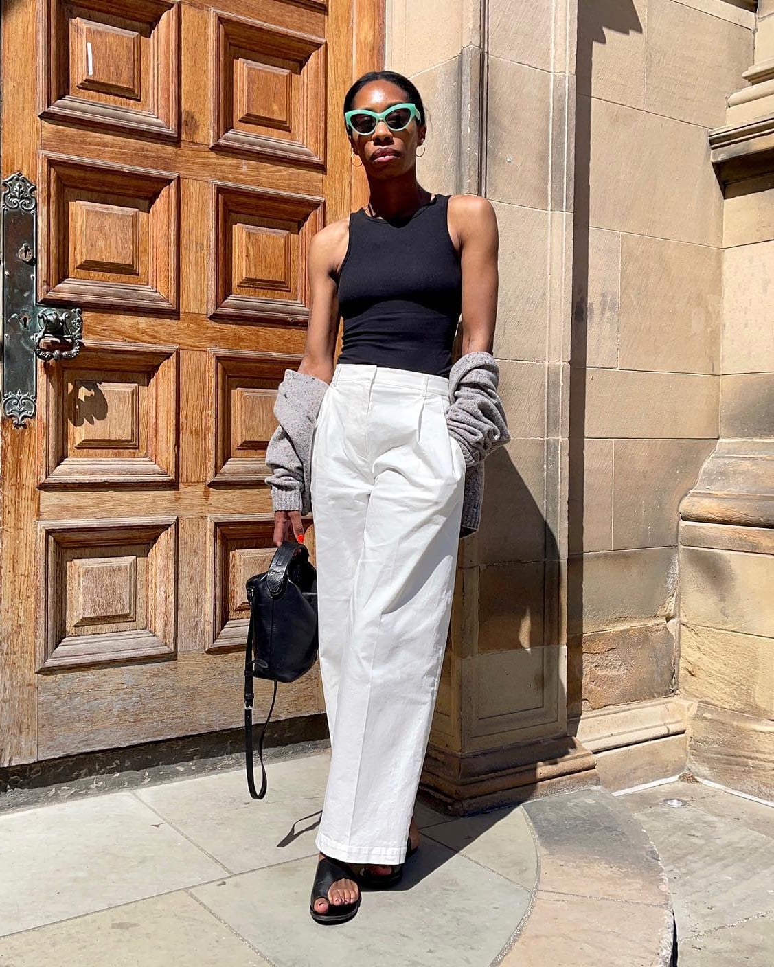 Black Tank White Trousers Gray Cardigan — Chic Style