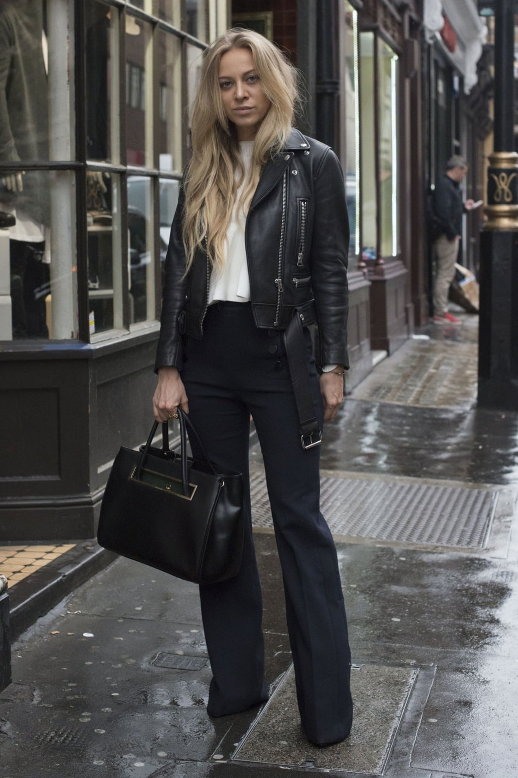 Leather Jacket Navy Trousers Black Flats, Large Tote Bag — Chic Style
