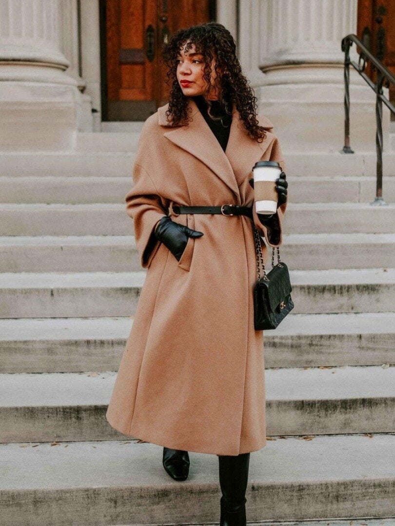 Camel Wrap Coat Black Boots, Close-Up Take — Chic Style