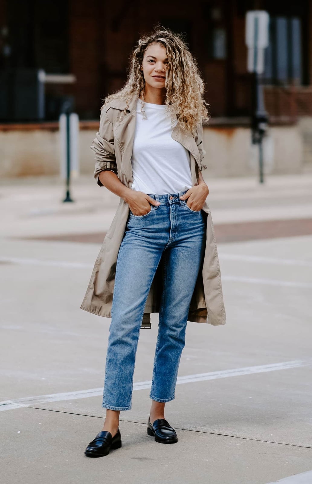 Beige Trench White Tee Blue Jeans, Cotton T-Shirt — Chic Style