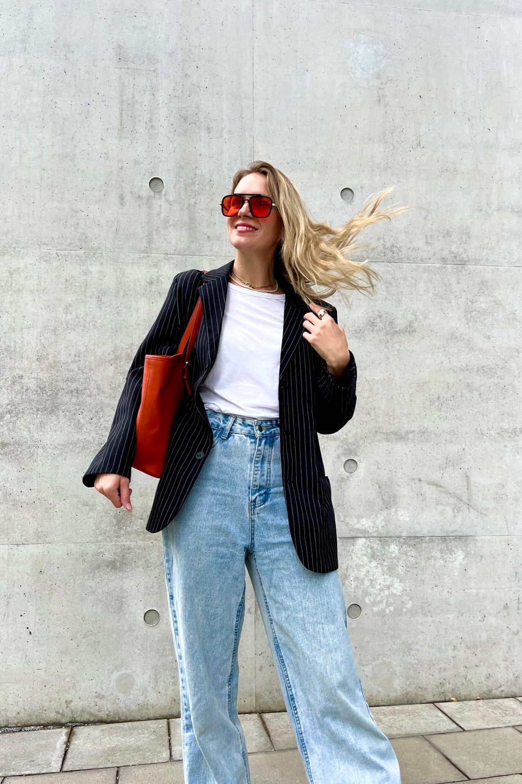 Pinstripe Blazer White Tee Orange Bag — Chic Style
