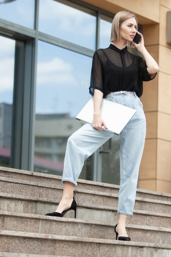 Sheer Black Shirt White Top Blue Jeans — Chic Style