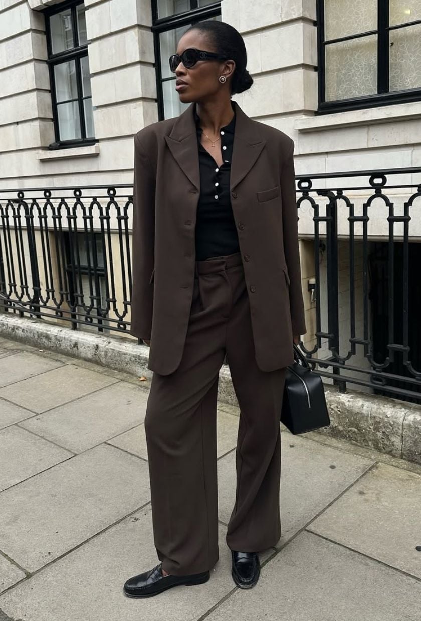Brown Blazer Cream Shirt Brown Trousers — Chic Style