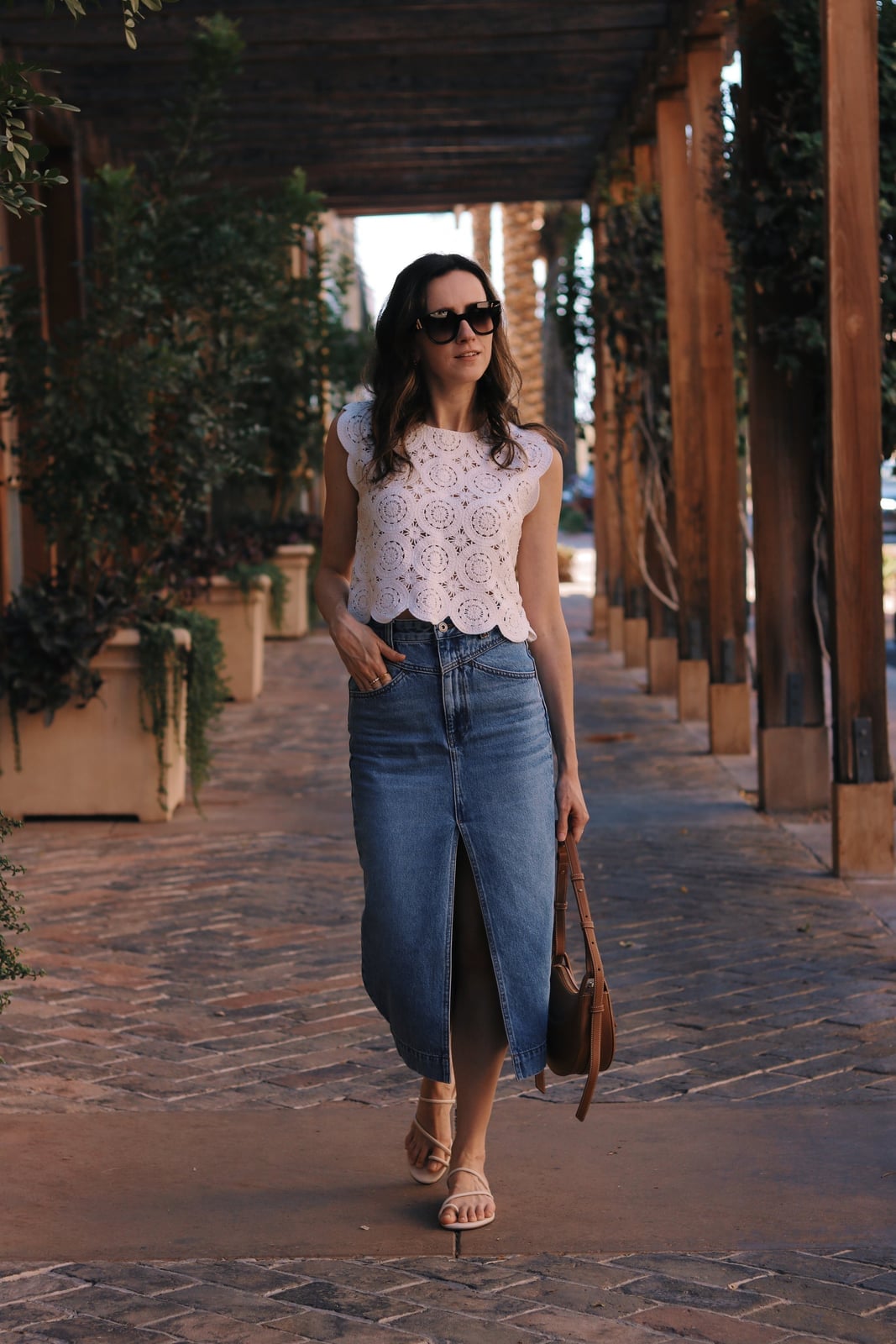 Crochet Top Denim Midi Skirt, Beige Flat Sandals — Chic Style