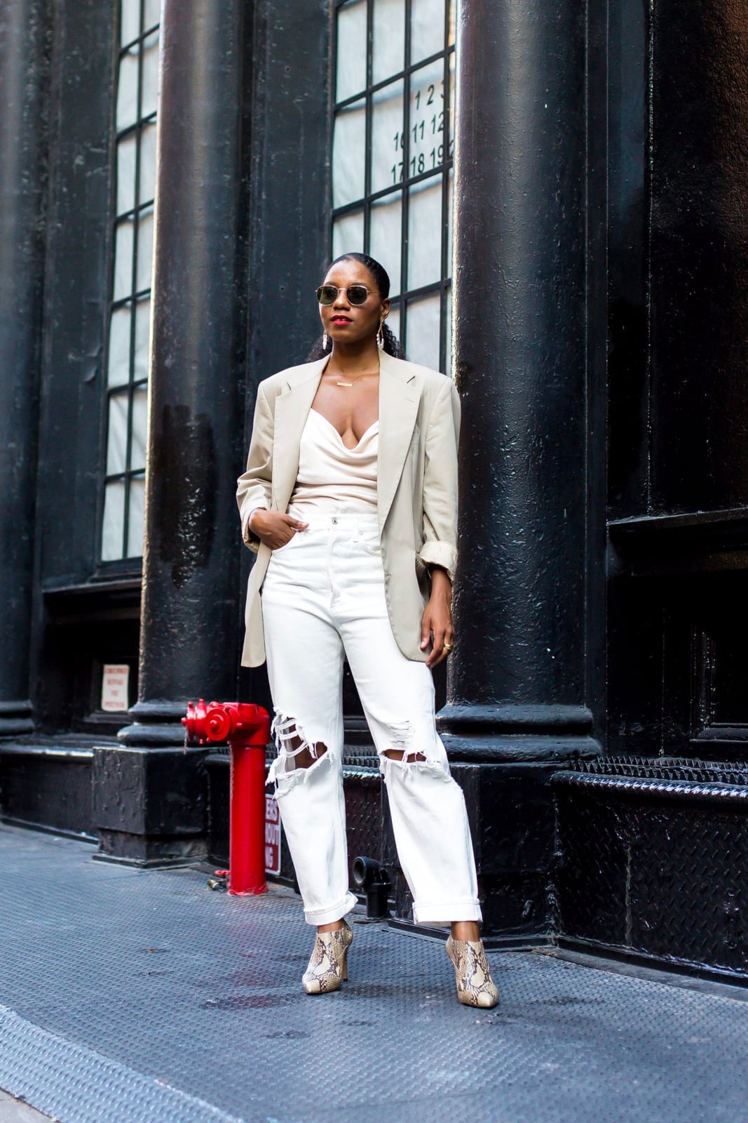 Beige Blazer Cream Top Distressed Jeans, Snakeskin Print Heels — Chic Style